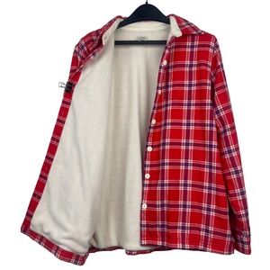 LL Bean Fleece Lined Flannel Shirt Jacket Shacket Womens M Red Plaid Warm 285013